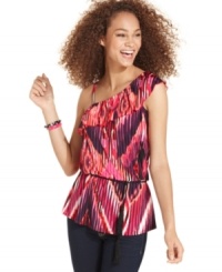Sharp zigzags add printed magic to this one-shoulder top from BCX -- and totally awakens your day look! Pair it with your skinny jeans for an outfit that's cool and carefree! Sharp zigzags add printed magic to this one-shoulder top from BCX -- and totally awakens your day look! Pair it with your skinny jeans for an outfit that's cool and carefree!