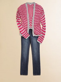 Brilliant, contrasting stripes brighten up an open-front cardigan for warmth and style.Waterfall frontLong sleevesPull-on styleRayonMachine washImported Brilliant, contrasting stripes brighten up an open-front cardigan for warmth and style.Waterfall frontLong sleevesPull-on styleRayonMachine washImported