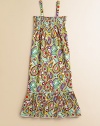 A bold paisley print adorns this sweet, warm-weather ready maxi with pretty smocked bodice and ruffled hem.SquareneckSleevelessPullover styleSmocked bodiceDrop-waist95% cotton/5% spandexMachine washImported