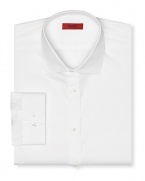 Contemporary fit shirt with spread collar. Square cuffs with two buttons to resize width. Clean front, no pocket. Back yoke with two darts.