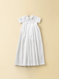 Perfect for this special day, a collared christening gown with smocking and button detail. Comes with matching hat Detachable pleated gown Pleated legs on suit Back button closure Cotton; dry clean Imported FIT RECOMMENDATION: Please note that this style runs small. Perfect for this special day, a collared christening gown with smocking and button detail. Comes with matching hat Detachable pleated gown Pleated legs on suit Back button closure Cotton; dry clean Imported FIT RECOMMENDATION: Please note that this style runs small.