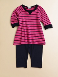 A pretty striped tunic sits atop a matching pair of cozy pants for a casual cool ensemble.Crewneck with V-insetLong sleevesPullover styleElastic waistband75% modal/25% polyesterMachine washImported