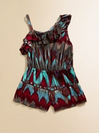 This electrifying, one-shoulder shorts jumpsuit with pretty ruffles will make her jump for joy.Asymmetrical necklineOne ruffled shoulderPull-on styleElastic waistbandRayonMachine washImported This electrifying, one-shoulder shorts jumpsuit with pretty ruffles will make her jump for joy.Asymmetrical necklineOne ruffled shoulderPull-on styleElastic waistbandRayonMachine washImported