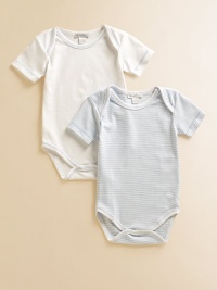 Comfy baby basics in soft cotton knit, offering one striped and one solid design.Envelope shoulders for easy on and off Short sleeves Snap bottom Cotton; machine wash Imported Comfy baby basics in soft cotton knit, offering one striped and one solid design.Envelope shoulders for easy on and off Short sleeves Snap bottom Cotton; machine wash Imported