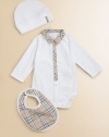 A classic cotton knit bodysuit, bib and hat accented with a soft-toned classic check pattern.Shirt collarLong sleevesButton-down placketBottom snapsCottonMachine washImported Please note: Number of snaps may vary depending on size ordered. 