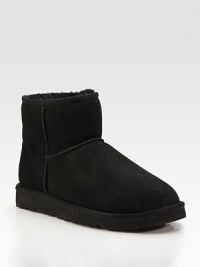 Cozy up to these must-have shearling lined suede boots. 1 rubber heel Suede upper Rubber sole Imported Fur origin: Australia Cozy up to these must-have shearling lined suede boots. 1 rubber heel Suede upper Rubber sole Imported Fur origin: Australia