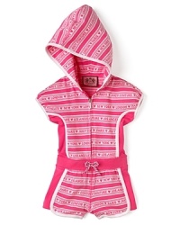 1970s style is highlighted with a printed hooded romper by Juicy featuring pink and white lettering and contrasting piping. 1970s style is highlighted with a printed hooded romper by Juicy featuring pink and white lettering and contrasting piping.