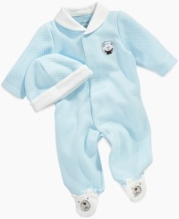 This sweet footed coverall and beanie set from Little Me is definitely one of his bare necessities for comfort and cuteness. This sweet footed coverall and beanie set from Little Me is definitely one of his bare necessities for comfort and cuteness.