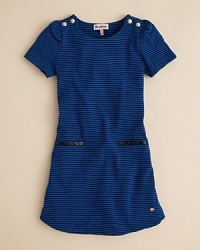 She'll go wild over Juicy Couture's trendy stripe dress, subtly accented with patent leather pocket trim and logo buttons at the shoulder. She'll go wild over Juicy Couture's trendy stripe dress, subtly accented with patent leather pocket trim and logo buttons at the shoulder.