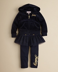 A sparkly touch of ballerina infuses this comfy velour set from Juicy that pairs a kangaroo-pocket hoodie with leggings topped with a glittering tulle skirt. A sparkly touch of ballerina infuses this comfy velour set from Juicy that pairs a kangaroo-pocket hoodie with leggings topped with a glittering tulle skirt.