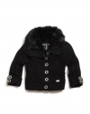 GUESS Kids Girls Little Girl Faux-Fur Trimmed Cardigan, BLACK (5/6)