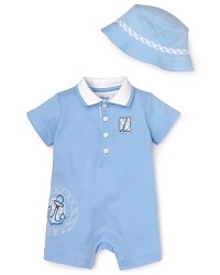 Getting him dressed is smooth sailing with the easy-on (and so cute!) Blue Seas romper featuring sailboat and anchor embroidery. Keep the sun off his head and face with the matching hat. Getting him dressed is smooth sailing with the easy-on (and so cute!) Blue Seas romper featuring sailboat and anchor embroidery. Keep the sun off his head and face with the matching hat.