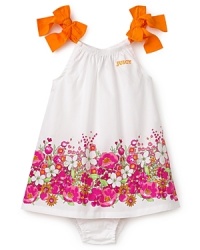 A hippie-chic floral print gets eye-popping color and oversized bows on this party-ready dress from Juicy Couture. Matching panty included. A hippie-chic floral print gets eye-popping color and oversized bows on this party-ready dress from Juicy Couture. Matching panty included.