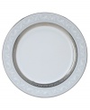 Crafted in crisp white china from Noritake dinnerware, dishes like this formal Crestwood Platinum accent plate combine a shimmering border of interlocking leaves and a polished platinum edge for unparalleled elegance.