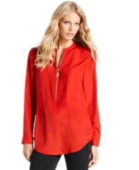 MICHAEL Michael Kors' adds signature hardware and a pleated placket to make this blouse a stand-out style staple. MICHAEL Michael Kors' adds signature hardware and a pleated placket to make this blouse a stand-out style staple.