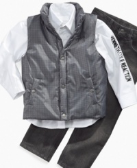 From Kenneth Cole, a three-piece set that stands alone as one great outfit-or doubles as a mini-wardrobe of stylish separates: A woven long-sleeved shirt; a snap-front puffer vest; and dark denim jeans. From Kenneth Cole, a three-piece set that stands alone as one great outfit-or doubles as a mini-wardrobe of stylish separates: A woven long-sleeved shirt; a snap-front puffer vest; and dark denim jeans.