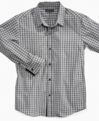 Pair this Sean John button-up shirt with a fresh set of denim. Plaid for style, velvet for refinement. Pair this Sean John button-up shirt with a fresh set of denim. Plaid for style, velvet for refinement.
