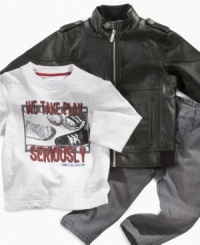 This is one serious fashion set from Kenneth Cole. In a faux-leather mot-inspired jacket he'll be ready to ride. This is one serious fashion set from Kenneth Cole. In a faux-leather mot-inspired jacket he'll be ready to ride.