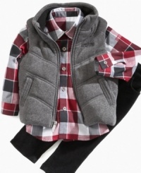 Mix up his cool-weather look with this put-together plaid shirt, quilted vest and corduroy pant set from Kenneth Cole Reaction. Mix up his cool-weather look with this put-together plaid shirt, quilted vest and corduroy pant set from Kenneth Cole Reaction.