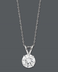 Simple sophistication by Arabella. A single, round-cut Swarovski zirconia (2-1/6 ct. t.w.) shines against a polished, 14k white gold setting. Approximate length: 18 inches. Approximate drop: 1/2 inch. Simple sophistication by Arabella. A single, round-cut Swarovski zirconia (2-1/6 ct. t.w.) shines against a polished, 14k white gold setting. Approximate length: 18 inches. Approximate drop: 1/2 inch.