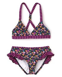 Pretty posies and ruffle stripe trim adorn this fun mixed-print, 2-piece swimsuit from Splendid. Pretty posies and ruffle stripe trim adorn this fun mixed-print, 2-piece swimsuit from Splendid.
