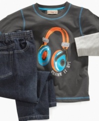Turn up the volume for back-to-school style, this layered t-shirt and jeans set from Kids Headquarters gives your little one a modern look. Turn up the volume for back-to-school style, this layered t-shirt and jeans set from Kids Headquarters gives your little one a modern look.