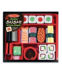 Add wasabi, if you like! This elegant 24-piece wooden sushi set is packed in a beautiful storage box and includes sliceable sushi rolls, shrimp, tuna, easy-use chopsticks, a cleaver and more! Sushi rolls make realistic chopping sounds when sliced! Add wasabi, if you like! This elegant 24-piece wooden sushi set is packed in a beautiful storage box and includes sliceable sushi rolls, shrimp, tuna, easy-use chopsticks, a cleaver and more! Sushi rolls make realistic chopping sounds when sliced!