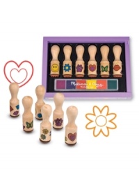 With a special handle to keep your little one's fingers far from the six-color inkpad and six different stamps to choose from, stamping fun will be endless! The handy case keeps the stamps and pad organized! With a special handle to keep your little one's fingers far from the six-color inkpad and six different stamps to choose from, stamping fun will be endless! The handy case keeps the stamps and pad organized!