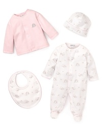 Kissy Kissy combines the solid-color cardigan and animal print footie with the matching blanket and cap for a super comfy newborn look. Kissy Kissy combines the solid-color cardigan and animal print footie with the matching blanket and cap for a super comfy newborn look.