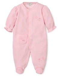 This super-soft velour footie snuggles her with adorable details, from the floral embroidery to the ruffled cuffs and single pocket embroidered with a ballet shoe. (Tuck her binkie in it!) This super-soft velour footie snuggles her with adorable details, from the floral embroidery to the ruffled cuffs and single pocket embroidered with a ballet shoe. (Tuck her binkie in it!)