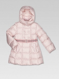 A pretty, down-filled, quilted topper in GG jacquard waterproof nylon with signature web detail and bow at the waist.Attached double-snap hoodStand up collarLong sleevesDouble-breasted snap-frontFlap pockets with metal horsebit and pleatsWaistband with inset elastic self beltTwo angled slash pocketsFully linedPolyamideDown fillDry cleanMade in Italy Please note: Number of snaps may vary depending on size ordered. A pretty, down-filled, quilted topper in GG jacquard waterproof nylon with signature web detail and bow at the waist.Attached double-snap hoodStand up collarLong sleevesDouble-breasted snap-frontFlap pockets with metal horsebit and pleatsWaistband with inset elastic self beltTwo angled slash pocketsFully linedPolyamideDown fillDry cleanMade in Italy Please note: Number of snaps may vary depending on size ordered.