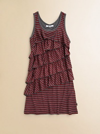 A cozy-chic sheath rendered in easy cotton jersey with horizontal and diagonal stripes and gorgeous draped ruffles.Scoop neckSleevelessPull-on styleAsymmetrical tiered ruffles57% cotton/38% polyester/5% spandexMachine washImported A cozy-chic sheath rendered in easy cotton jersey with horizontal and diagonal stripes and gorgeous draped ruffles.Scoop neckSleevelessPull-on styleAsymmetrical tiered ruffles57% cotton/38% polyester/5% spandexMachine washImported