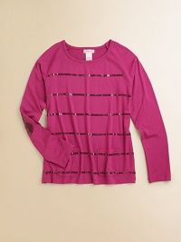 Sequin stripes jazz up a long-sleeved pullover.ScoopneckLong raglan sleevesPullover stylePatch pockets95% viscose/5% spandexHand washImported Sequin stripes jazz up a long-sleeved pullover.ScoopneckLong raglan sleevesPullover stylePatch pockets95% viscose/5% spandexHand washImported