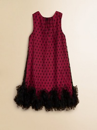 A delicate pindot overlay adds a layer of fun to this sleeveless trapeze dress with ruffled hem.JewelneckSleevelessBack zipperRuffled hemNylonDry cleanMade in the USA of imported fabric A delicate pindot overlay adds a layer of fun to this sleeveless trapeze dress with ruffled hem.JewelneckSleevelessBack zipperRuffled hemNylonDry cleanMade in the USA of imported fabric