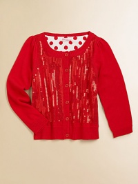 An eye-catching, sequined overlay adds can't-miss style to a cozy, long-sleeved cardigan.ScoopneckLong sleevesButton-frontRibbed cuffs and hem60% rayon/40% cottonHand washImported Please note: Number of buttons may vary depending on size ordered. An eye-catching, sequined overlay adds can't-miss style to a cozy, long-sleeved cardigan.ScoopneckLong sleevesButton-frontRibbed cuffs and hem60% rayon/40% cottonHand washImported Please note: Number of buttons may vary depending on size ordered.