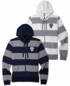 American Rag riffs on the classic collegiate warm-up with a rugby-striped zip-up hoodie complete with a college-style crest on the chest.