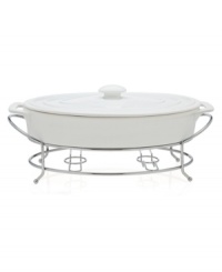 At once elegant and utilitarian, the Cucina covered baker transitions flawlessly from oven to table and will keep your food piping hot, set in a silvertone metal rack. A must for the consummate host, from Godinger. At once elegant and utilitarian, the Cucina covered baker transitions flawlessly from oven to table and will keep your food piping hot, set in a silvertone metal rack. A must for the consummate host, from Godinger.