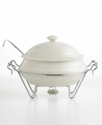 Serve steaming bowls of lobster bisque or split pea soup from this grand porcelain soup tureen. Set in an elegant metal caddy with a tealight candle for extra heat, this timeless serveware adds warmth and sophistication to gatherings at home. Serve steaming bowls of lobster bisque or split pea soup from this grand porcelain soup tureen. Set in an elegant metal caddy with a tealight candle for extra heat, this timeless serveware adds warmth and sophistication to gatherings at home.