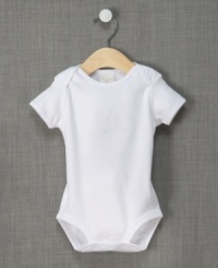 A tonal cross adorns this soft cotton bodysuit that's just perfect for his or her big day. A tonal cross adorns this soft cotton bodysuit that's just perfect for his or her big day.
