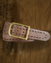 Rugged and weathered in supple cowhide, this versatile leather belt gives off serious old-school appeal with an antiqued metal buckle and cutout designs. Rugged and weathered in supple cowhide, this versatile leather belt gives off serious old-school appeal with an antiqued metal buckle and cutout designs.