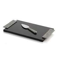 Crafted from acacia wood with a black granite cutting surface, this richly elegant cheeseboard & knife set is a new component of the New Molton dinnerware featuring handcrafted pieces that define a casual yet elegant look in style today: streamlined, organic and soulful.