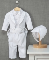 He can't look anymore dapper for his big day than in this darling tuxedo and matching bonnet. Perfect for the big event and church-going Sundays to come. He can't look anymore dapper for his big day than in this darling tuxedo and matching bonnet. Perfect for the big event and church-going Sundays to come.