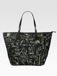 Signature graffiti transforms this roomy carryall crafted of durable nylon with smooth leather trim. Double leather top handles, 13 dropOpen topTwo inside open pockets13½W X 16H X 4½DMade in Italy Signature graffiti transforms this roomy carryall crafted of durable nylon with smooth leather trim. Double leather top handles, 13 dropOpen topTwo inside open pockets13½W X 16H X 4½DMade in Italy