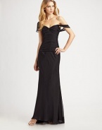 Beautifully draped in silk chiffon in a revealing off-the-shoulder design.Sweetheart neckline Off-the-shoulder strap Pleated bodice About 45 from natural waist Back zip closure Fully lined Silk; dry clean Made in USAOUR FIT MODEL RECOMMENDS ordering true size.. Additional Information Women's Premier Designer & Contemporary Size Guide 
