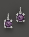 Brilliant purple crystal is framed with four petite hearts on these cushion stone earrings from Judith Ripka.