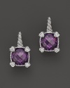 Brilliant purple crystal is framed with four petite hearts on these cushion stone earrings from Judith Ripka.
