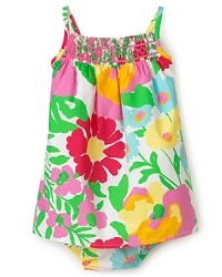 This vibrant dress with tropical flowers gives her an isle-inspired look that's perfect for a summer party or relaxing in the bouncy chair. This vibrant dress with tropical flowers gives her an isle-inspired look that's perfect for a summer party or relaxing in the bouncy chair.