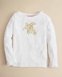 Crewneck tee with goldtone sea turtle print and ruffled cuffs. Crewneck tee with goldtone sea turtle print and ruffled cuffs.
