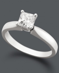 Stunning in its simplicity. This solitaire engagement ring features a certified, princess-cut diamond (5/8 ct. t.w.) set in 14k white gold. Stunning in its simplicity. This solitaire engagement ring features a certified, princess-cut diamond (5/8 ct. t.w.) set in 14k white gold.
