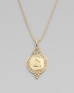 A classic cherub, sweetly embossed on a disc of gleaming 18k yellow gold, surrounded by sparkling pavé diamonds. Diamonds, 0.22 tcw 18k yellow gold Length, about ¾ Diameter, about ½ Spring ring clasp Imported Please note: Necklace sold separately.